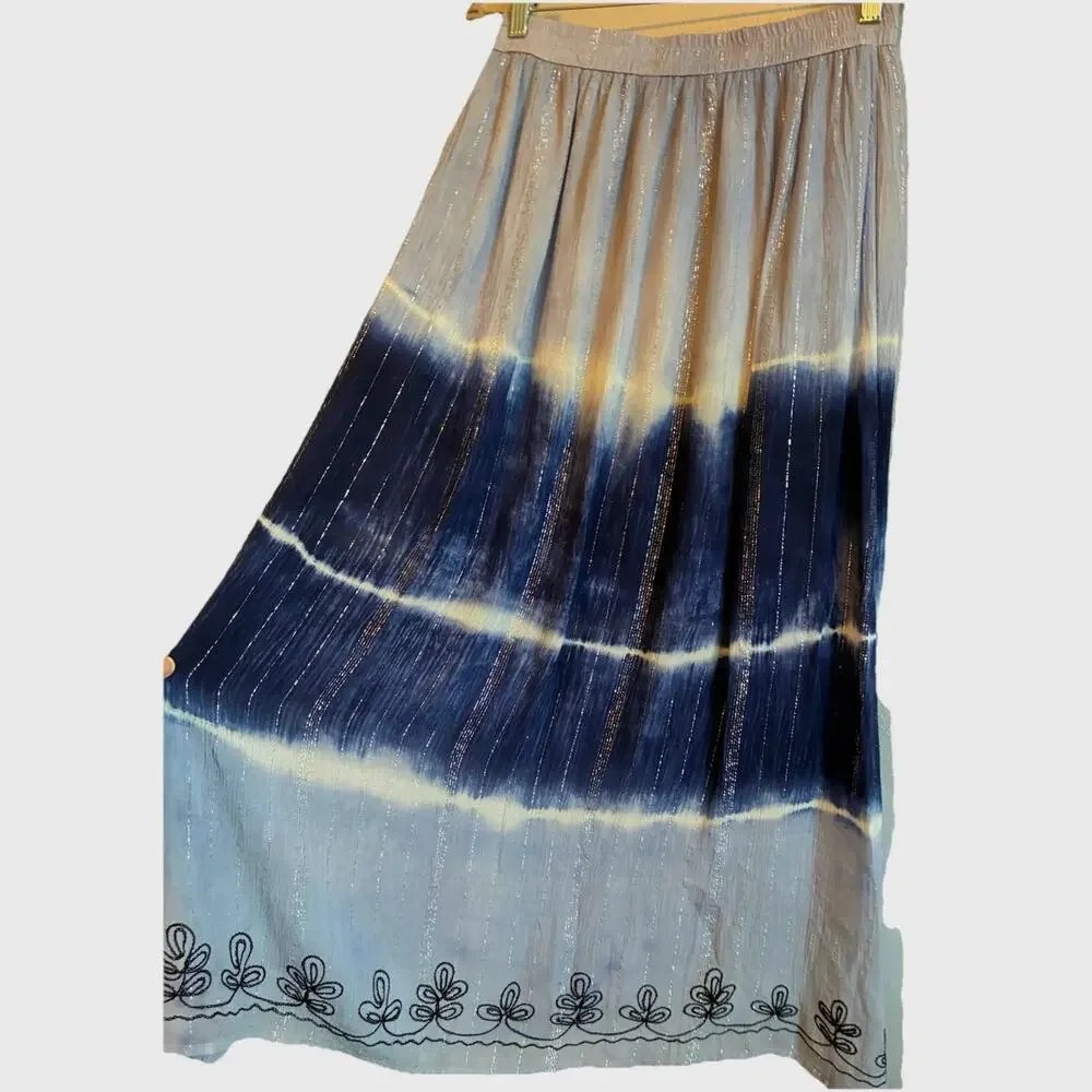 Boho Tie Dye Maxi Skirt Artsy Hippie Festival silver glittery stripes Fairy Med